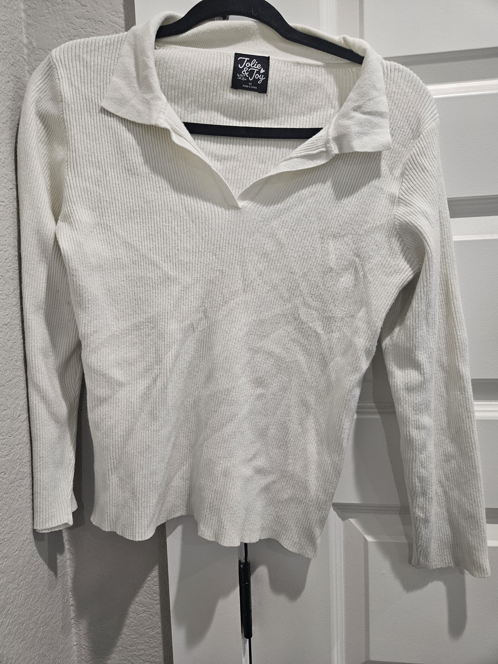 Cream Ribbed Long-Sleeve Polo Tee